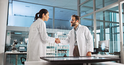 Buy stock photo Scientist people, handshake and meeting with screen for review, medical research or innovation. Computer table, interactive display and clinical partnership for science, teamwork study or results