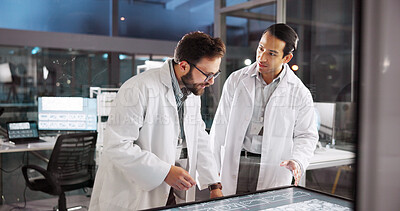 Buy stock photo Scientist, people and teamwork with screen for lab review, medical research or innovation. Computer table, interactive display and clinical analysis for studying science data, meeting or results