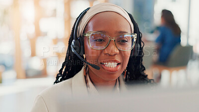 Buy stock photo Consultant, businesswoman or talking for customer service, telemarketing sales or support. Call center, consulting or virtual assistant on computer with headset for feedback, help or communication