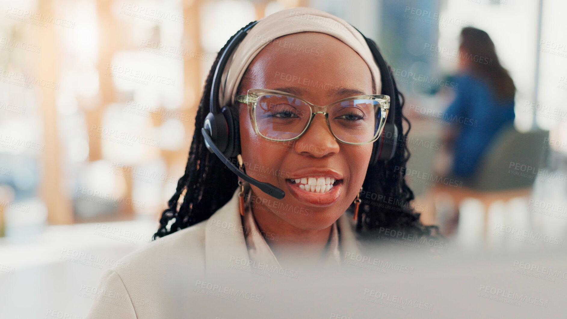 Buy stock photo Consultant, businesswoman or talking for customer service, telemarketing sales or support. Call center, consulting or virtual assistant on computer with headset for feedback, help or communication