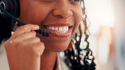 Buy stock photo Mouth, business and woman with headset, call center and smile with friendly service. Closeup, happy person and employee in workplace, headphones and mic with telemarketing and conversation with joy