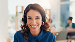 Happy woman, portrait and call center with headset for customer service or virtual assistance at office. Female person, face or consultant agent with smile for telemarketing, CRM or remote advice
