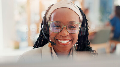 Buy stock photo Happy woman, call center or communication with headset for customer service or virtual assistance at office. Female person, face or consultant agent with smile for telemarketing, CRM or remote advice