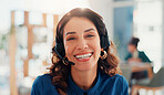 Happy woman, portrait and call center with headset for virtual assistance or communication service. Female person, face or consultant agent with smile or mic for telemarketing, CRM or remote advice
