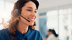 Happy woman, call center and online communication with headset for assistance or virtual communication at office. Female person, consultant or agent with smile for remote advice or telemarketing