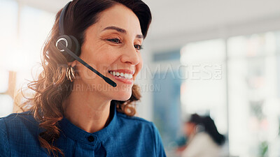 Buy stock photo Happy woman, call center and online communication with headset for assistance or virtual conversation at office. Female person, consultant or agent with smile for remote advice or telemarketing