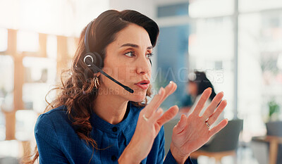 Buy stock photo Woman, call center and talking with headset for virtual assistance, online consulting or telemarketing. Female person, consultant or agent with mic for customer service or remote advice at office