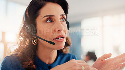Buy stock photo Woman, call center and talking with headset for online consultation, virtual assistance or telemarketing. Female person, consultant or agent with mic for customer service or remote advice at office