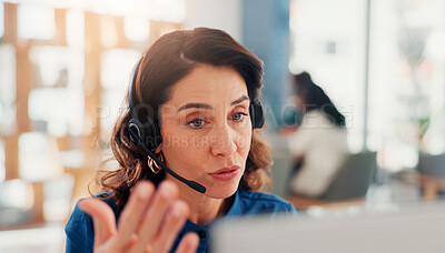 Buy stock photo Call centre, communication and woman with headset, lead generation and pitching service to contact for sales. Telemarketing, representative and person with tech for consultation, talking and internet