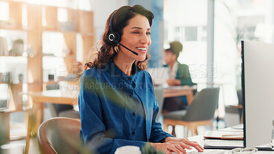 Buy stock photo Telemarketing, happy and woman with headset, computer and pitching service to contact for consultation. Call centre, telemarketer and person with tech for lead generation, communication and business