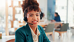 Call centre, talking and woman with headset, portrait and pitching service to contact for lead generation. Telemarketing, representative and person with tech for consultation, communication and smile