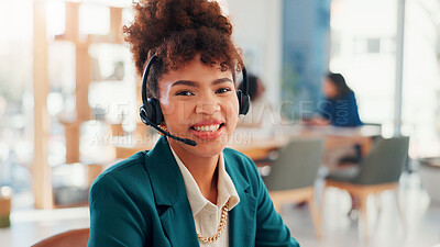 Buy stock photo Call centre, talking and woman with headset, portrait and pitching service to contact for lead generation. Telemarketing, representative and person with tech for consultation, communication and smile