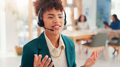 Buy stock photo Call centre, smile and woman with headset, sales and pitching service to contact for lead generation. Telemarketing, representative and person with tech for consultation, communication and business