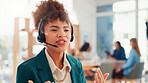 Call centre, telemarketing and woman with headset, advice and pitching service to contact for sales. Business, telemarketer and person with tech for consultation, communication or lead generation