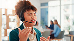 Call centre, telemarketing and woman with headset, explaining and pitching service to contact for sales. Business, telemarketer and person with tech for consultation, communication or lead generation