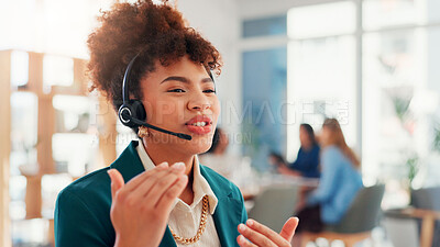 Buy stock photo Call centre, telemarketing and woman with headset, explaining and pitching service to contact for sales. Business, telemarketer and person with tech for consultation, communication or lead generation