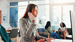 Call centre, sales and woman with headset, listening or pitching service to contact for lead generation. Telemarketing, representative and person with tech for consultation, communication or internet