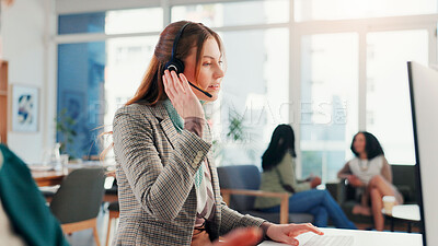 Buy stock photo Call centre, sales and woman with headset, listening or pitching service to contact for lead generation. Telemarketing, representative and person with tech for consultation, communication or internet