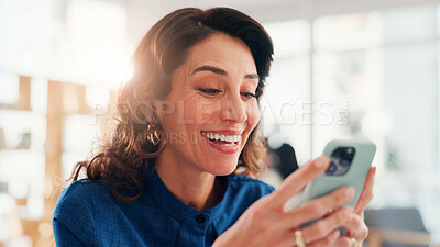 Buy stock photo Laughing, meme or businesswoman in office with phone for online news, social media or work break. Smile, check or happy consultant on mobile app for text message, funny joke or feedback notification