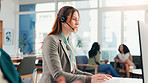 Call centre, telemarketing and woman with headset, computer and pitching service to contact for sales. Lead generation, telemarketer and people with tech for consultation, communication and office