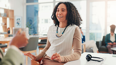 Buy stock photo Call center, business woman and talk on coffee break for customer service story or help. Consulting, telemarketing team and discussion in office for communication, sales advice and happy colleagues