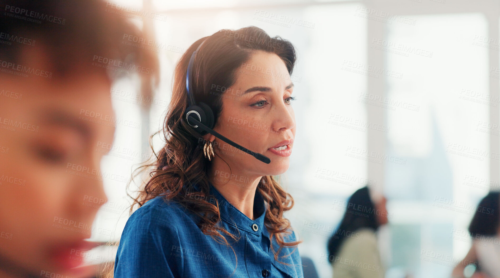 Buy stock photo Call centre, customer care and woman with headset, online and pitching service to contact for sales. Talking, telemarketer and people with tech for consultation, communication or colleagues in office
