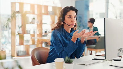 Buy stock photo Telemarketing, consultation and woman with headset, computer and pitching service to contact for sales. Call centre, telemarketer and person with tech for lead generation, communication and business