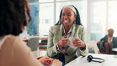 Buy stock photo Happy women, call center and social chat with coffee for break, rest or talk at office desk. Female people, laughing and funny discussion with caffeine, beverage or drink at telemarketing agency