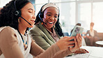 Call center, women and business people in office, cellphone and smile with social media. Employees, consultants or telemarketing with smartphone, app or communication with email or message to contact