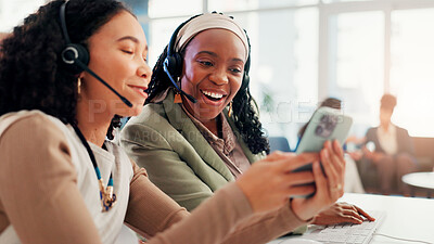 Buy stock photo Call center, women and business people in office, cellphone and smile with social media. Employees, consultants or telemarketing with smartphone, app or communication with email or message to contact