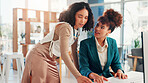 Business, women and mentor help with computer for corporate training, systems process and feedback. People, manager and planning for proposal solution, problem solving and advice of startup procedure