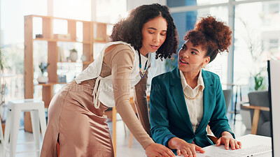 Buy stock photo Business, women and mentor help with computer for corporate training, systems process and feedback. People, manager and planning for proposal solution, problem solving and advice of startup procedure