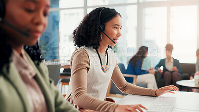 Buy stock photo Call centre, telemarketing and woman with headset, online and pitching service to contact for sales. Talking, telemarketer and people with tech for consultation, communication or colleagues in office
