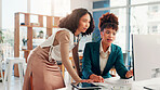 Business, people and mentor help with computer for corporate training, systems process and feedback. Women, manager and planning for proposal solution, problem solving and advice of startup procedure