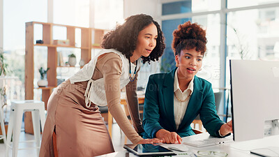 Buy stock photo Business, people and mentor help with computer for corporate training, systems process and feedback. Women, manager and planning for proposal solution, problem solving and advice of startup procedure