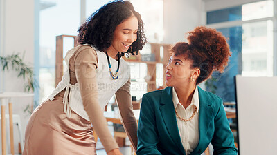 Buy stock photo Business, manager and help woman with computer for corporate training, financial system or investment question. Finance intern, teamwork or mentorship for proposal report, learning process or support