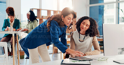 Buy stock photo Business, mentor and help woman with tablet for finance training, online system process and investment report. Corporate intern, manager and feedback for proposal review, budget strategy and coaching