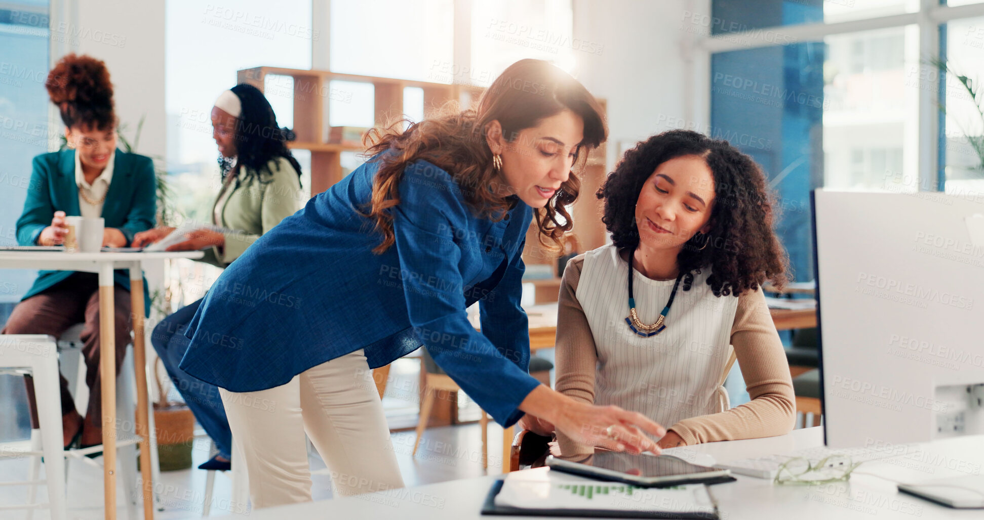 Buy stock photo Business, mentor and help woman with tablet for finance training, online system process and investment report. Corporate intern, manager and feedback for proposal review, budget strategy and coaching