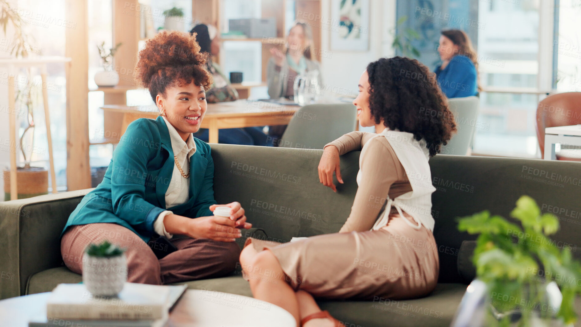 Buy stock photo Team, business women and conversation on coffee break for planning project and meeting on sofa. Office, talking and colleagues in company lounge for brainstorming ideas, smile and listening to story