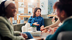 Team, business women and discussion on coffee break for planning and meeting on sofa. Office, conversation and happy workers in company lounge for relax, brainstorming ideas and listening to story