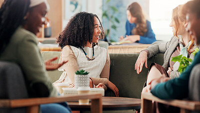 Buy stock photo Team, business women and discussion on sofa, planning project and meeting on break. Office, conversation and happy workers in company lounge for relax, brainstorming ideas and listening to story