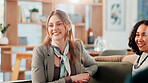 Conversation, business people and woman in meeting, smile and planning for creative project. Employees, review and sales consultant in workplace, feedback for proposal and success with cooperation