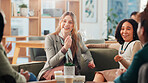 Team, business women and laugh on sofa for planning meeting, portrait or funny joke on coffee break. Office discussion, workers and company lounge for brainstorming ideas, smile or listening to story