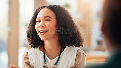 Buy stock photo Communication, business people and woman in office, meeting and planning for ad project. Brainstorming, conversation or sales consultant in workplace, feedback for proposal or employee with idea