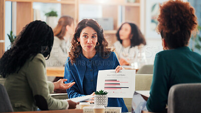 Buy stock photo Business people, documents and women in office, charts and feedback for profit growth. Group, teamwork and employees in meeting, paperwork and graphs for financial income, accounting and revenue