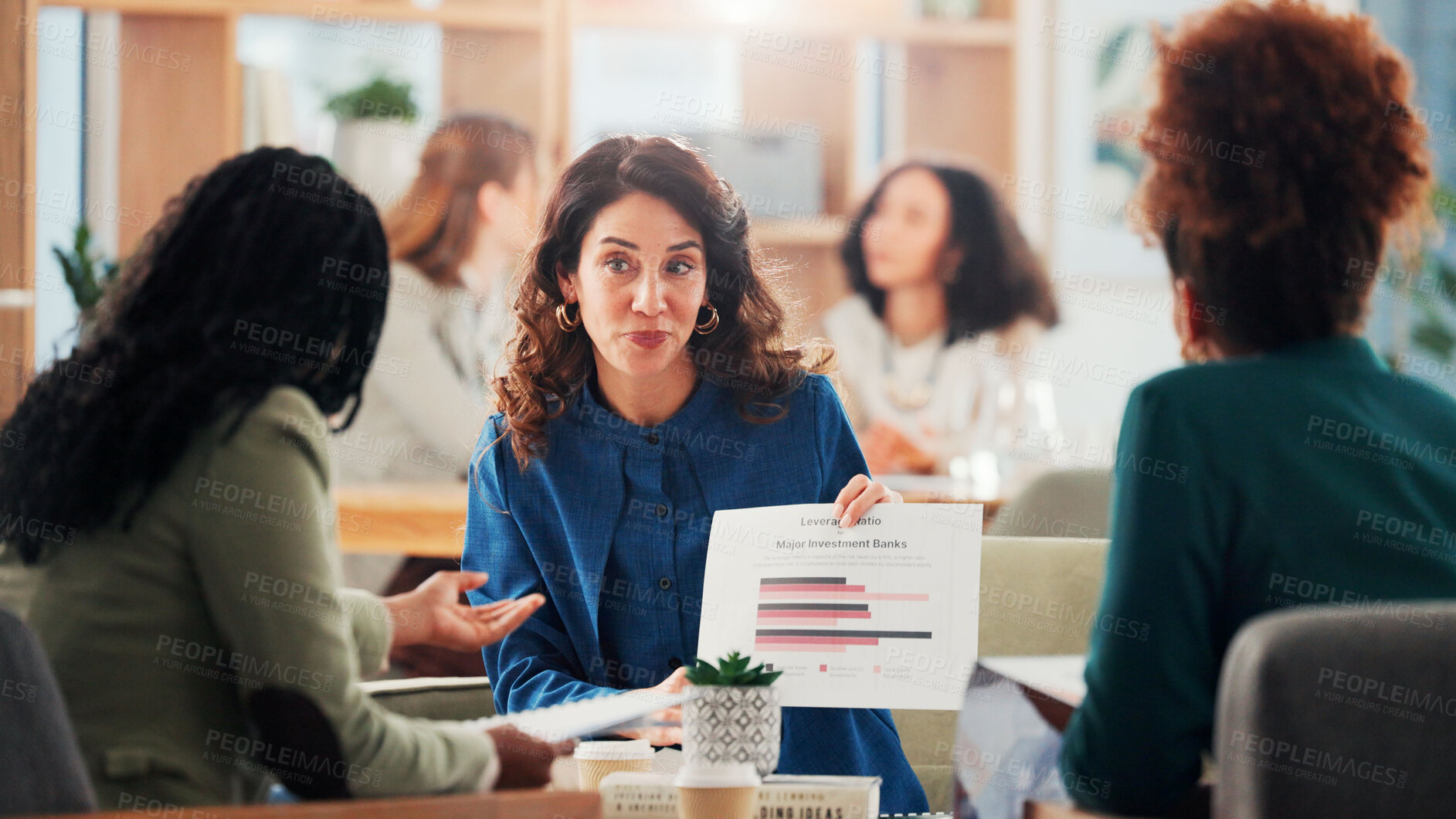 Buy stock photo Business people, documents and women in office, charts and feedback for profit growth. Group, teamwork and employees in meeting, paperwork and graphs for financial income, accounting and revenue