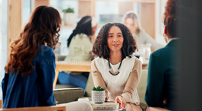 Buy stock photo Office, business women and planning on sofa for discussion, meeting or think of news idea in creative startup. Team, conversation or workers in company lounge for strategy or journalist brainstorming