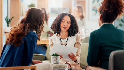 Buy stock photo Client, meeting and documents with business people in office for feedback, consulting and branding advisor. Marketing agency, ad specialist and team with women in creative startup for project