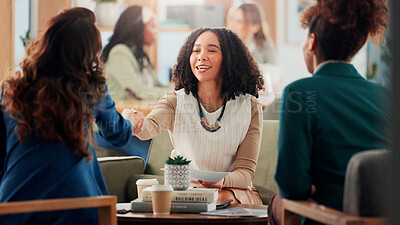 Buy stock photo Happy woman, greeting or handshake with documents for interview, CV review or job application at office. Female person, colleagues or shaking hands with smile for agreement, deal or contract together