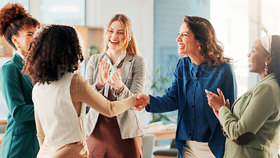 Buy stock photo Happy women, handshake and meeting with applause for congratulations, greeting or introduction at office. Female people, colleagues or shaking hands with smile for agreement, winning or success